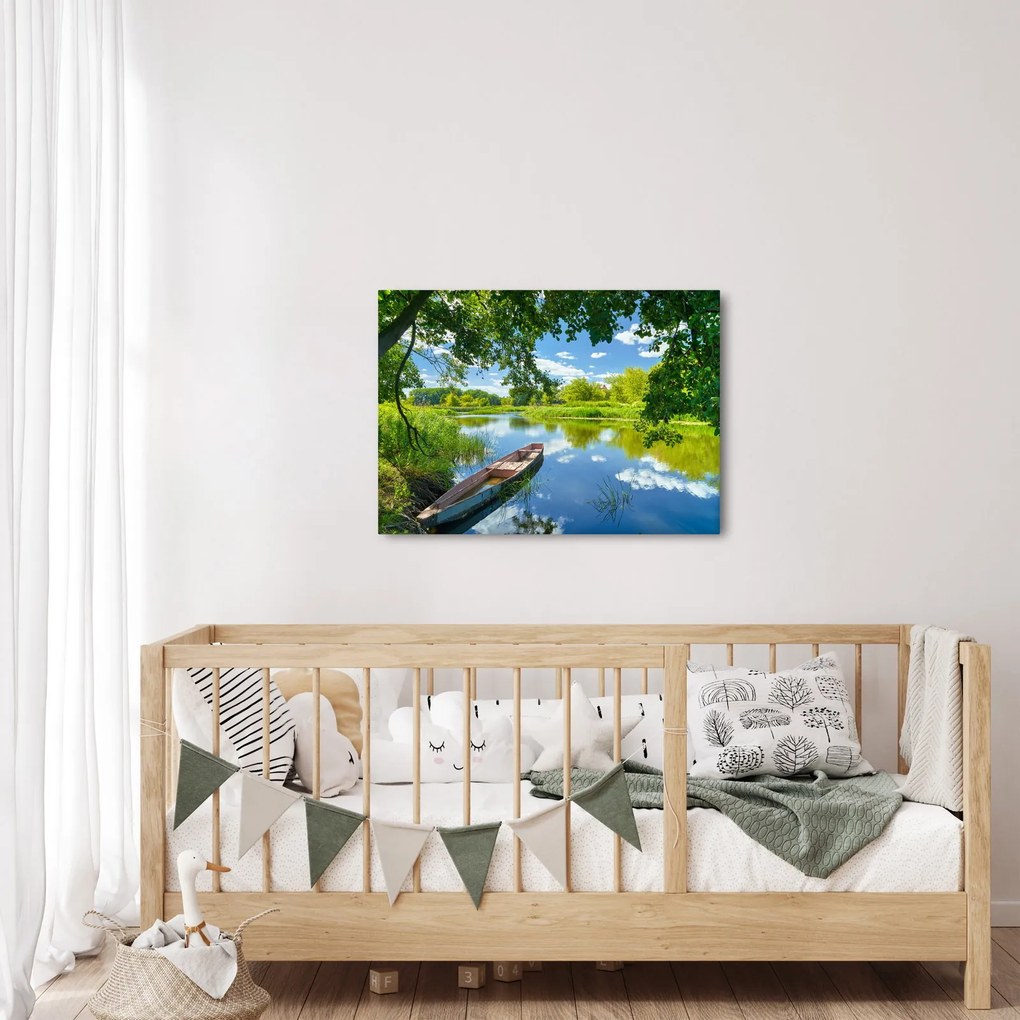 Obraz letniej rzeki z łodzią (70x50 cm)