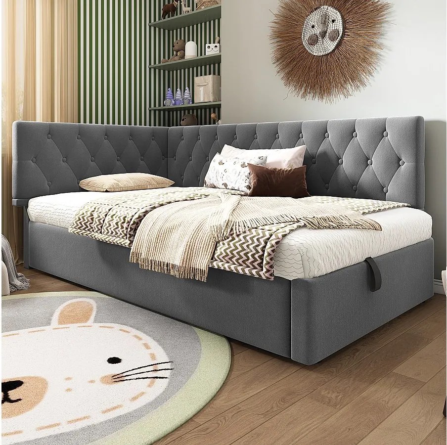 Sofa dziecięca tapicerowana z funkcją spania - 90 x 200 cm - z hydraulicznym schowkiem - welur - szara