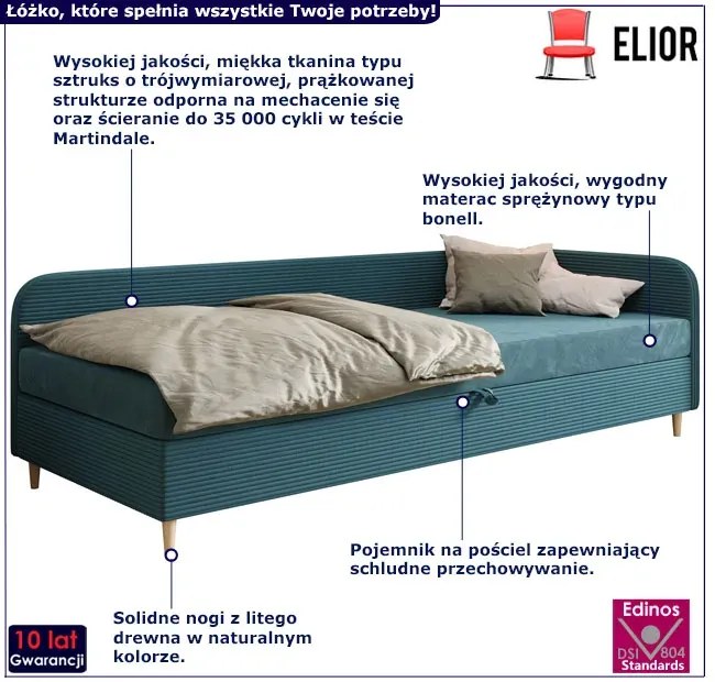 Prawostronne łóżko z pojemnikiem na pościel morski 100x200 Z2-D04