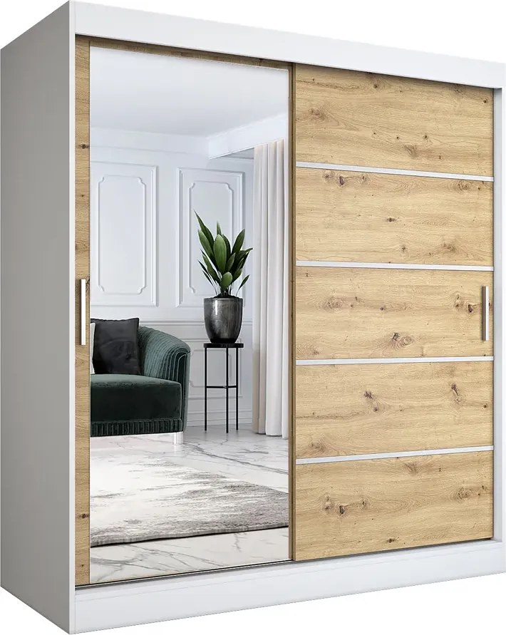 Szafa na ubrania przesuwna 180 cm biel + dąb artisan T4-Z80
