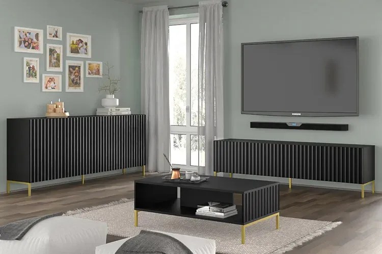 Szafka pod TV z lamelami czarny mat + czarne nóżki K7-D37