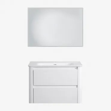 Zestaw Wiszących Mebli Łazienkowych 80x50 Cm Z Drewna Zintegrowany Z Umywalką Egerton Biała & Prostokątna Lampa Led - Sklum