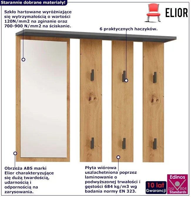 Wieszak ścienny z półką i lustrem antracyt + dąb artisan F8-A70