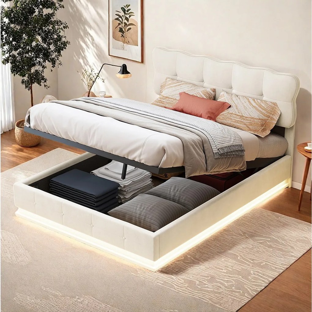 Łóżko z pojemnikiem dla dorosłych 140x190 cm z beżowego aksamitu z hydraulicznym schowkiem i wbudowanym oświetleniem LED