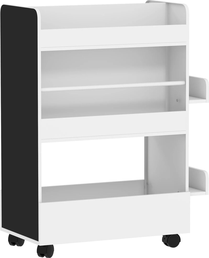 AIYAPLAY Regał na książki dla dzieci z 4 półkami, dolnym schowkiem, 2 bocznymi sekcjami, tablicą, kółkami, dla 3–8 lat, 66,5x32,5x86,5 cm Biały | Aosom PL