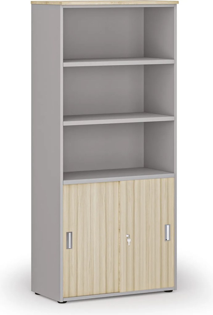Szafa biurowa kombinowana PRIMO GRAY, drzwi przesuwne na 2 poziomach, 800 x 420 x 1781 mm, szary/dąb naturalny