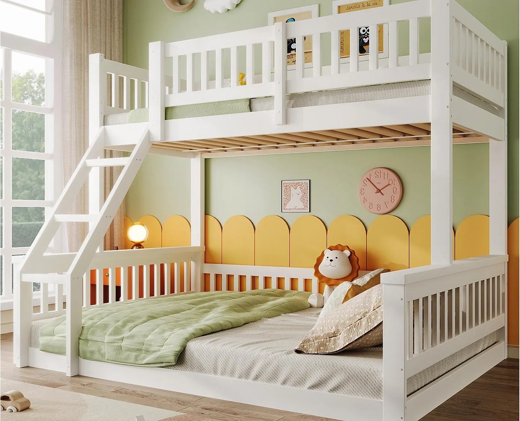 Łóżko piętrowe 90x200 cm + 140x200 cm - z drabiną - z barierką - biały (materac nie jest dołączony)