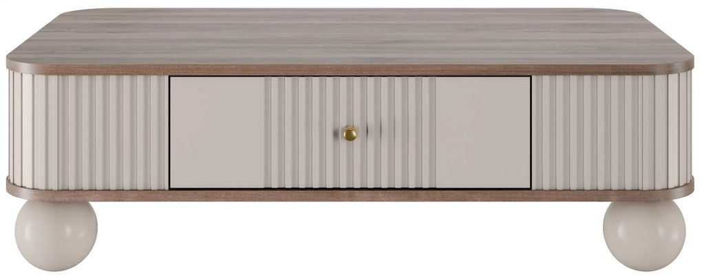 Stolik kawowy z szufladą Vesper 103x60 cm - kaszmir / orzech / złote uchwyty / nogi kule