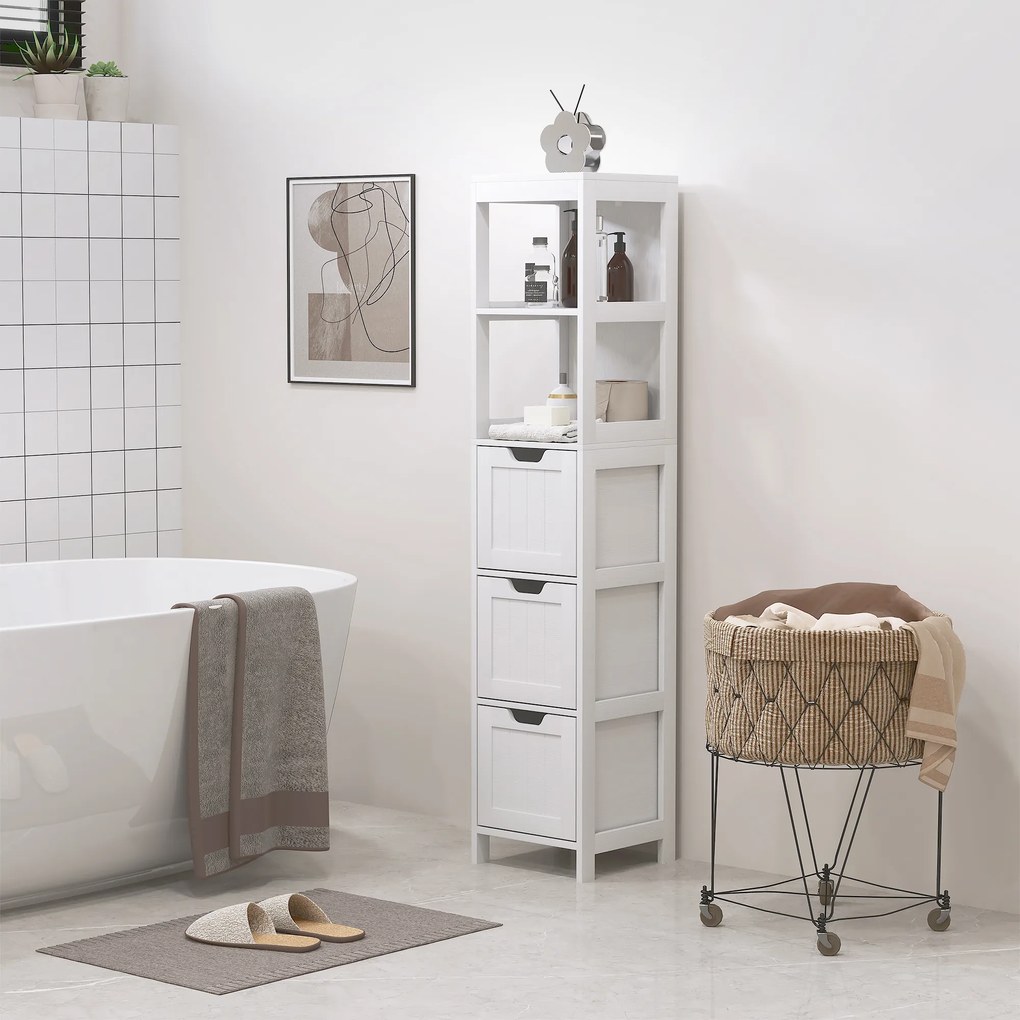 HOMCOM Szafka Łazienkowa, 2 Półki, 3 Szuflady, Materiał Odporny na Wodę, Biała