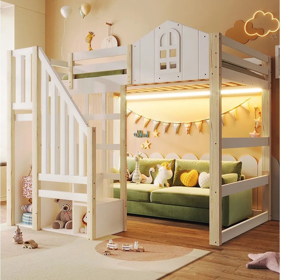Łóżko piętrowe dla dzieci - 140 x 200 cm - z oświetleniem LED + drabinka ze schowkiem - kształt okna - drewno - białe + naturalne