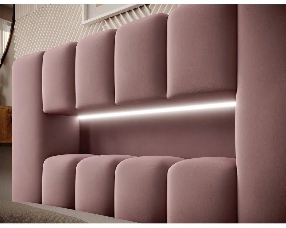 Różowe tapicerowane łóżko jednoosobowe ze schowkiem ze stelażem 90x200 cm Lamica – ELTAP