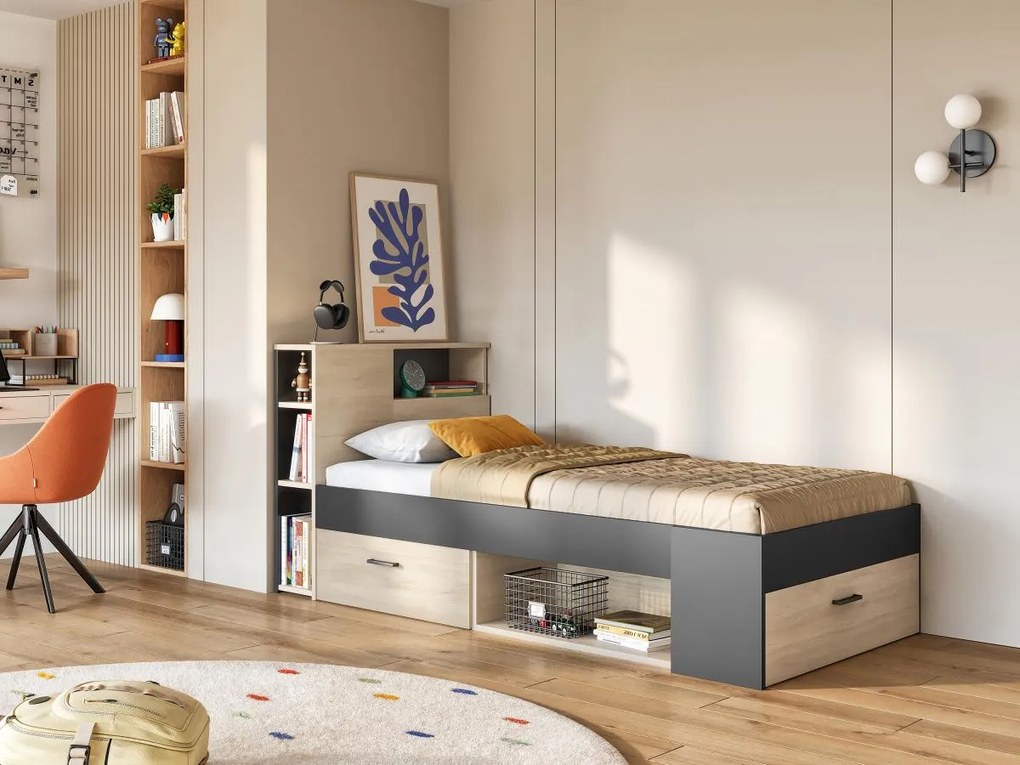 Łóżko z zagłówkiem, ze skrzynią i szufladą – 90 × 190 cm – Antracyt i naturalny + materac + stelaż - LEANDRE