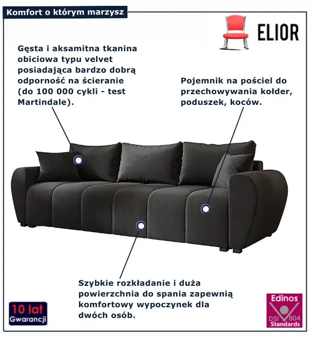 Ciemnoszara welurowa sofa rozkładana D2-R65