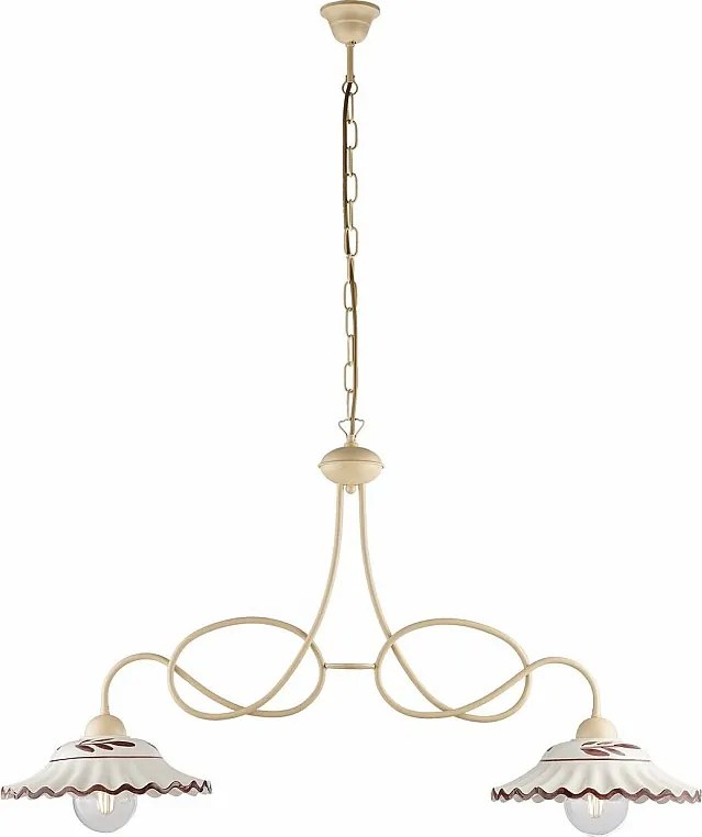 Żyrandol Bistrot z lakierowanego żelaza w kolorze kości słoniowej, dekor decapé, ceramiczne dyfuzory biało-brązowe Ø30 cm, 2 światła, 98x30 cm