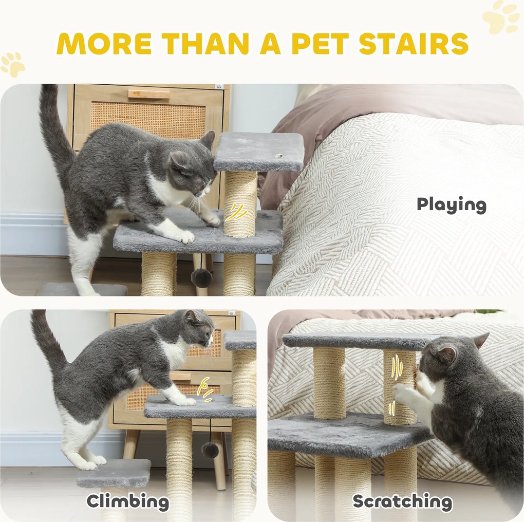 PawHut Schodki dla psa 3-stopniowe 54 cm wysokości, schodki dla małych psów i kotów z sizalowymi słupkami, piłeczka do zabawy