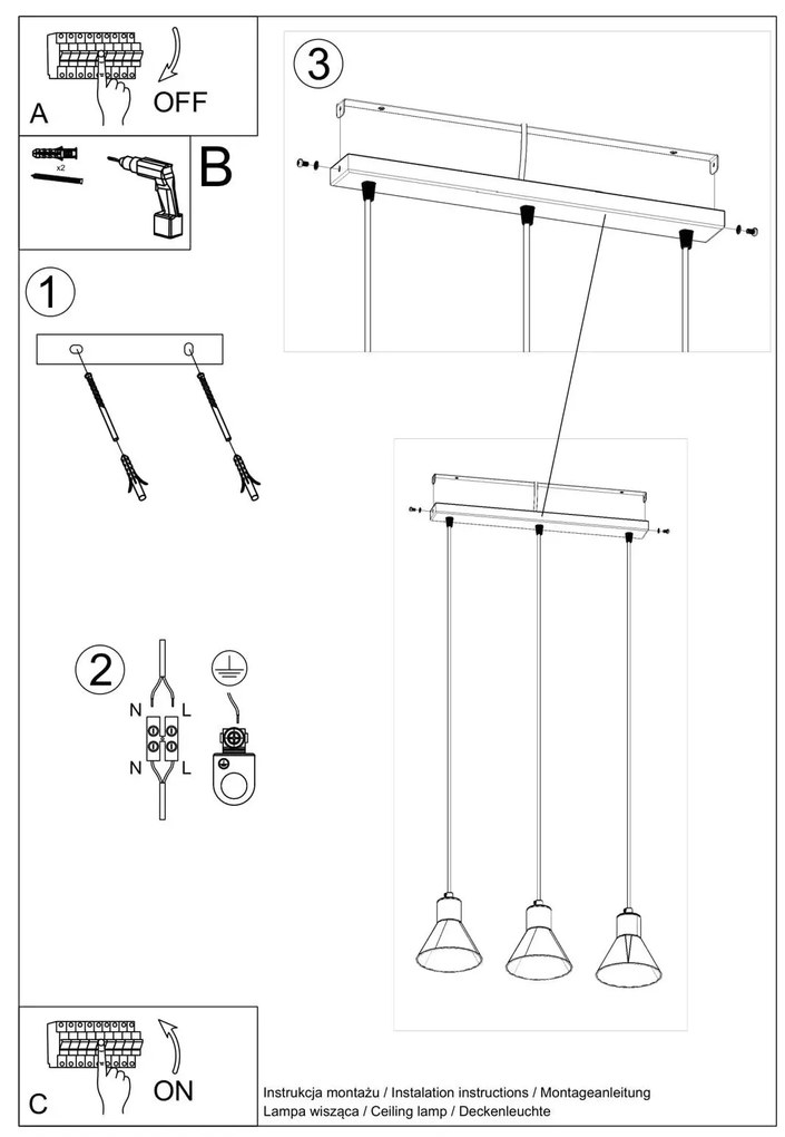 Lampa wisząca TAZILA 3 czarna SOLLUX  LIGHTING