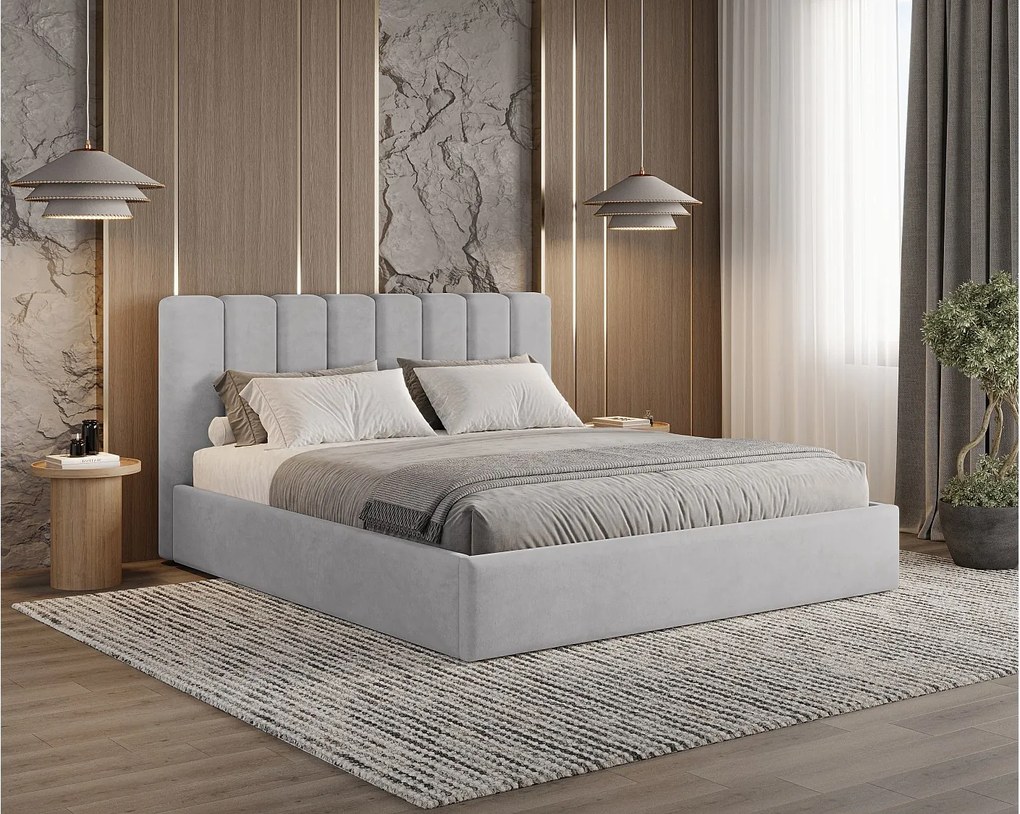 BESILIO Łóżko tapicerowane z pojemnikiem 180x200 Nuvia - Łóżko slim, miękkie wezgłowie, stelaż metalowy- Jasnoszary