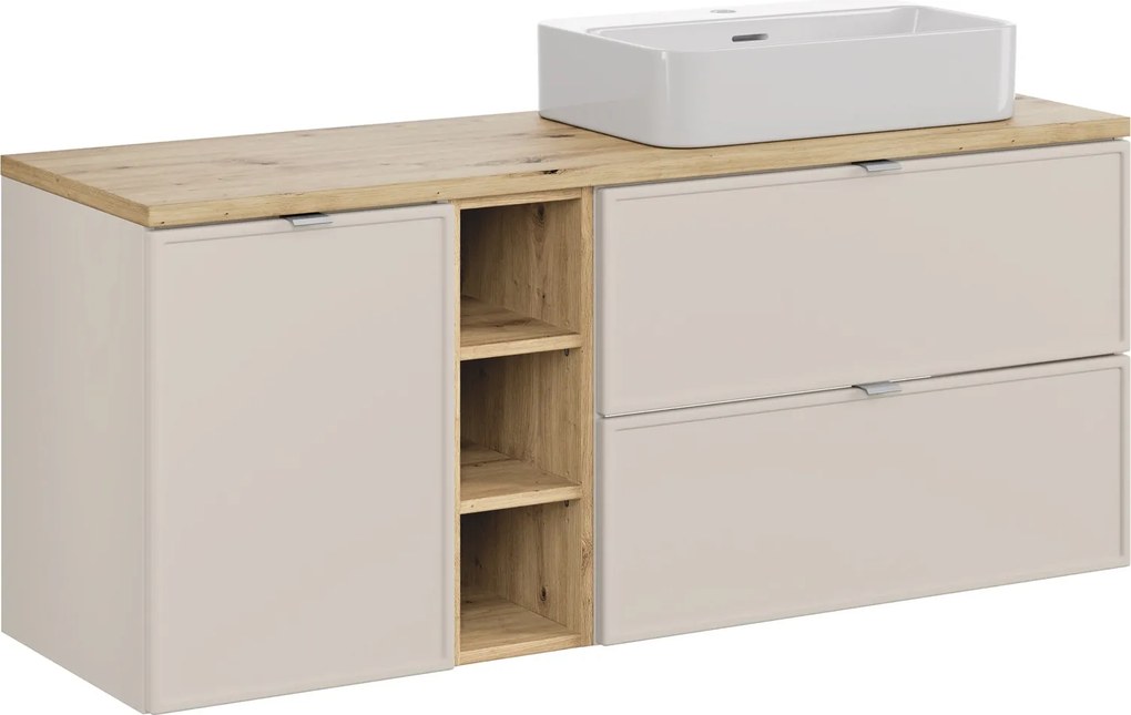 Szafka Bella 140 cm z koszem na pranie, umywalką i regałem, kaszmir/dąb artisan