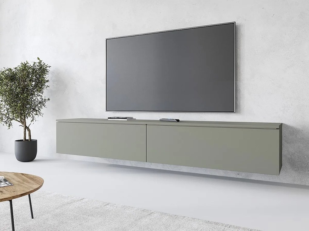 Nowoczesna szafka RTV 180 cm do salonu – 2-drzwiowa, bezuchwytowa, matowa, stojąca lub wisząca, mglista zieleń