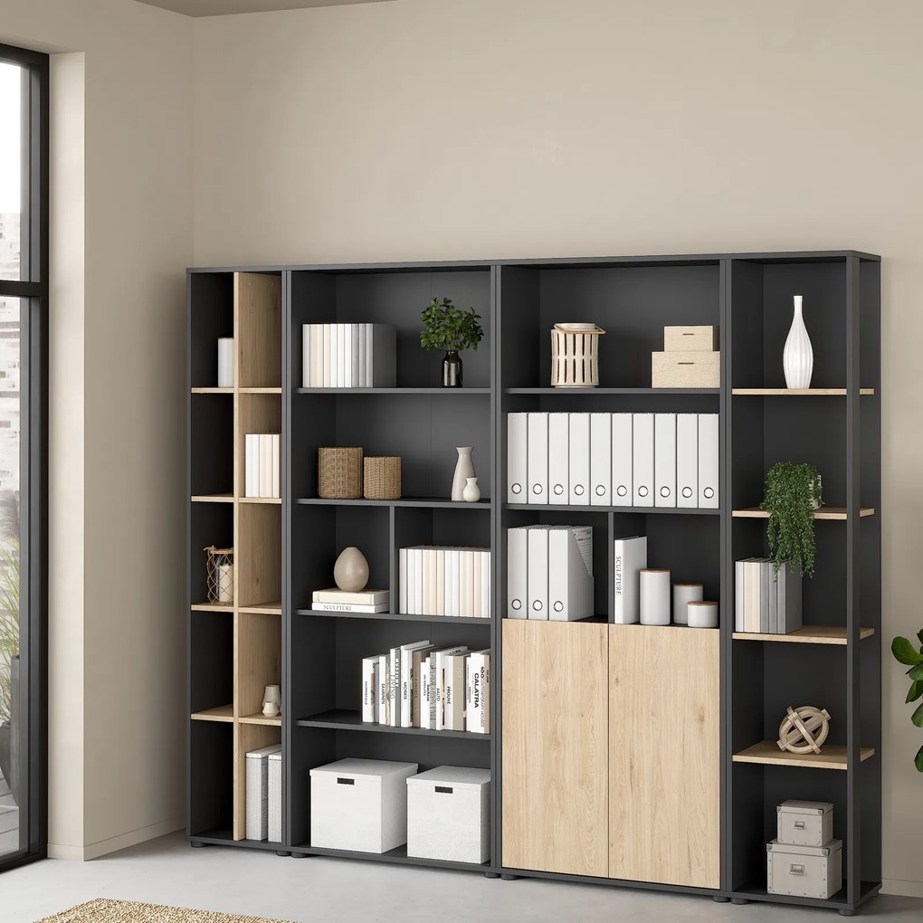 Wąski regał biurowy dwurzędowy 4 półki Sign 40 jackson hickory/szary mat