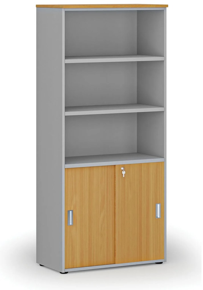 Szafa biurowa kombinowana PRIMO GRAY, drzwi przesuwne na 2 poziomach, 800 x 420 x 1781 mm, szary/buk