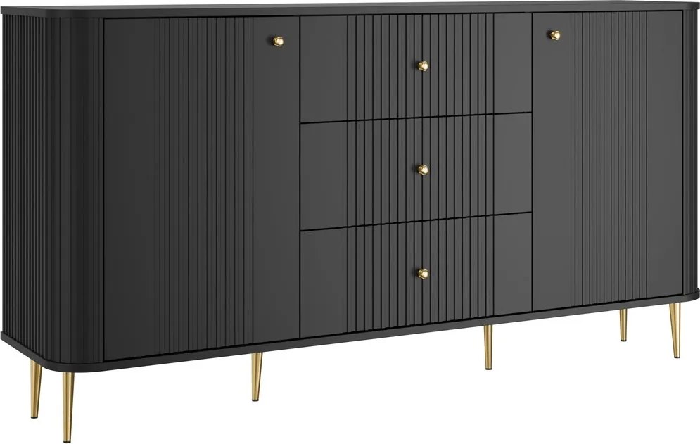 Komoda Vesper 160 cm z szufladami na nóżkach - czarny / złote nogi