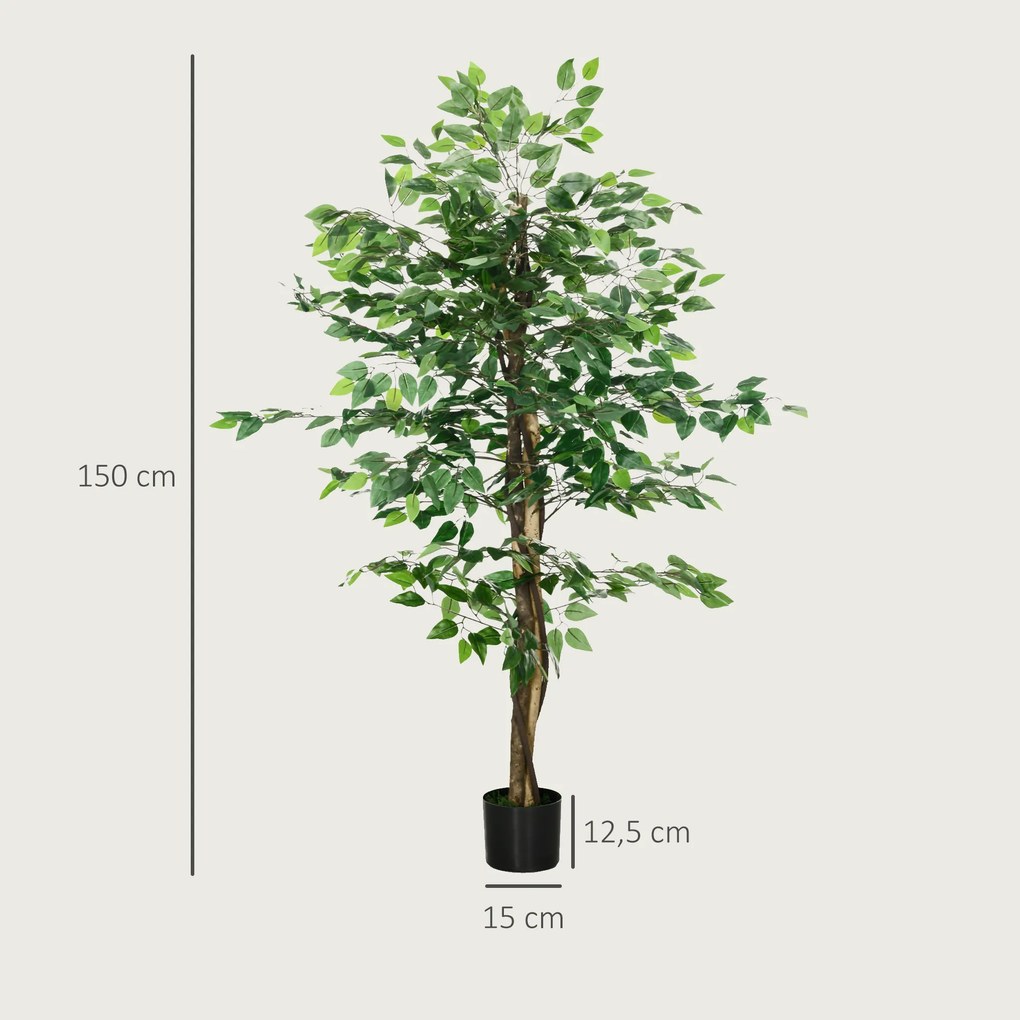HOMCOM Sztuczny Ficus w Doniczce, Naturalny Wygląd, 150 cm Wysokości, Zielony