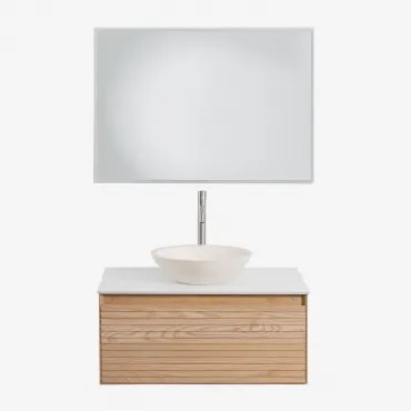 Zestaw Wiszących Mebli Łazienkowych Z Drewna Jesionowego Tedrik Popielaty Brąz & Cement Okrągły Biały - Sklum