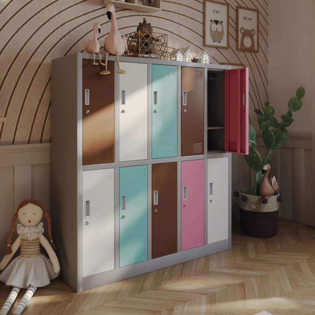 Pastelowa szatnia szkolna 10-skrytkowa Bartuś 136x45x150 cm