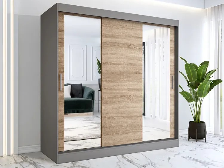 Szafa przesuwna antracyt + dąb sonoma 200 cm - Seko 6X