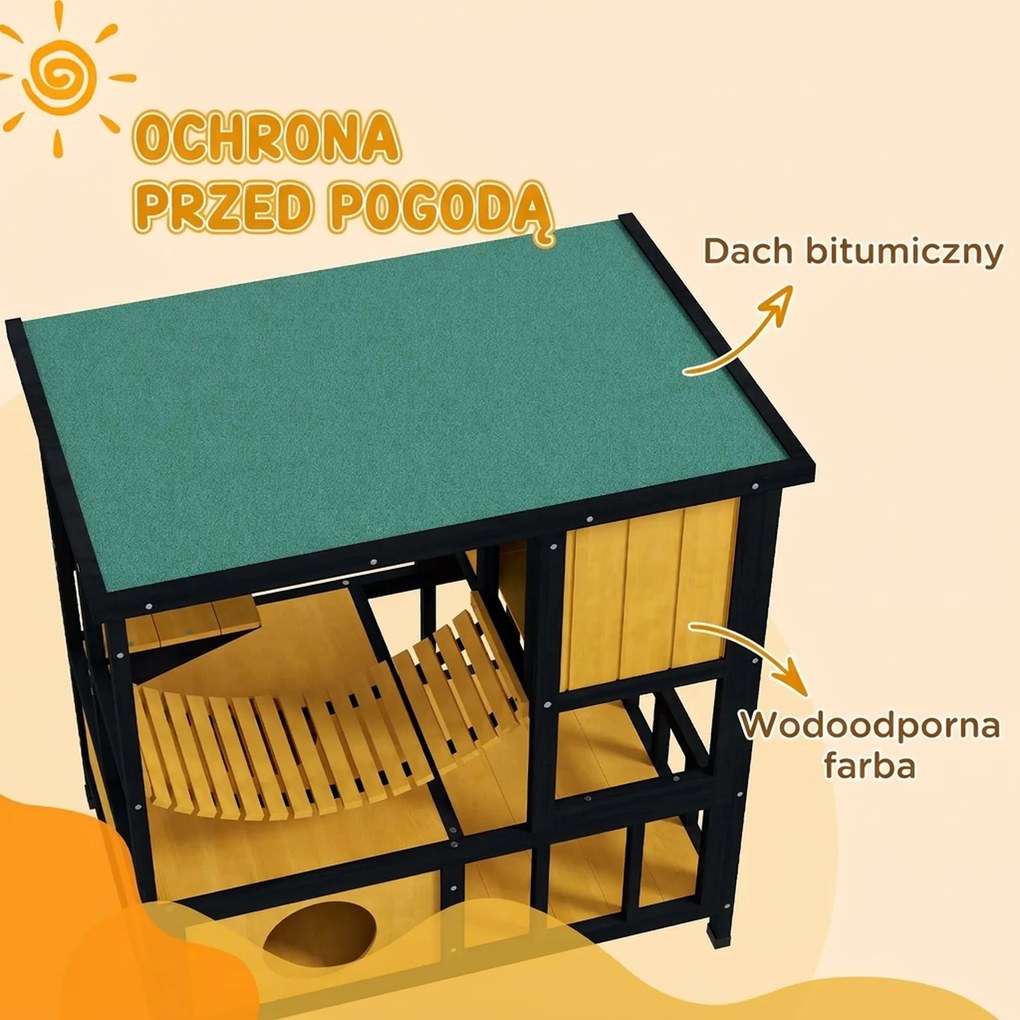 PawHut Dom dla Kotów Kocia Jama, odporny na warunki atmosferyczne, 1 rampa, 1 platforma, 84,5 x 60 x 88 cm, Zielony + Naturalny