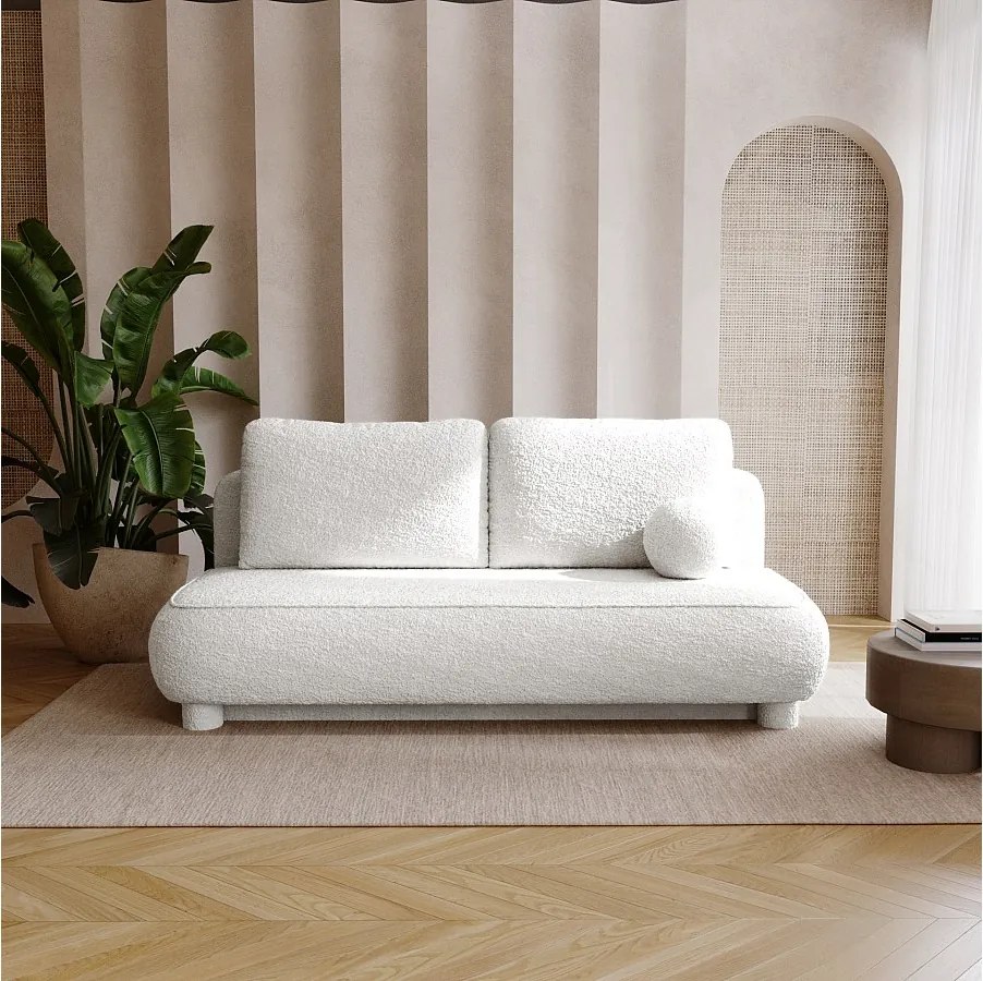 BESILIO Kanapa dwuosobowa Toby - tkanina boucle, sofa z funkcją spania- Biały