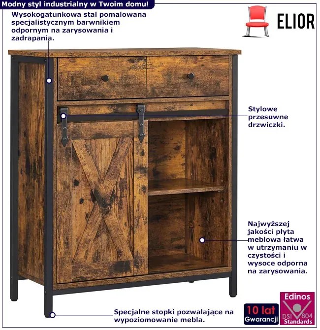 Loftowa komoda z przesuwnymi drzwiami rustykalny brąz C6-P85