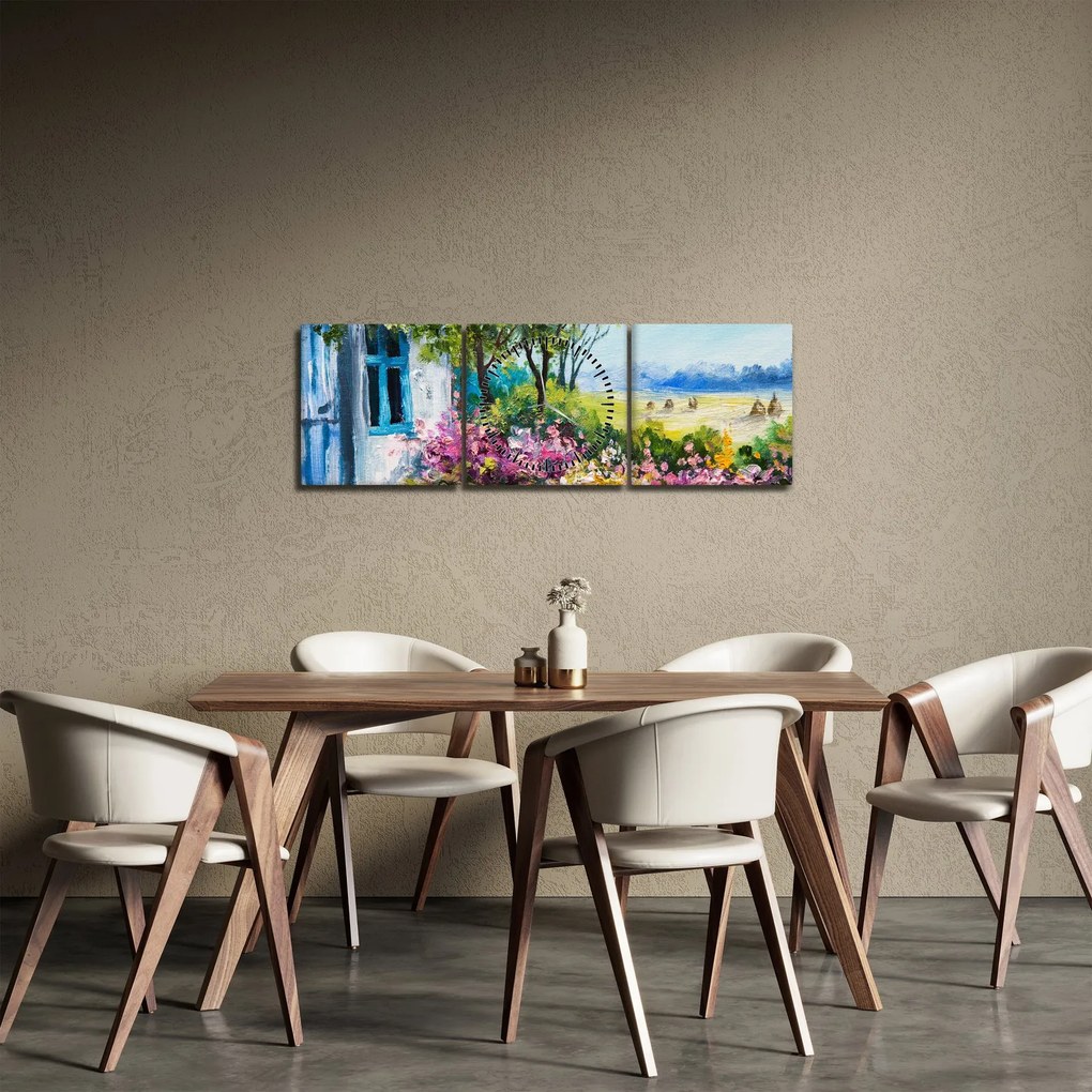Obraz ogrodu przed domem, obraz olejny (z zegarem) (90x30 cm)