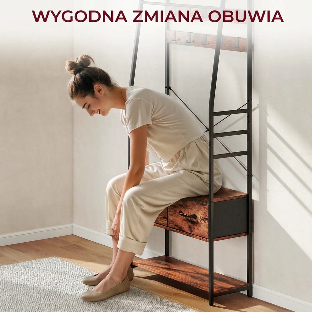 HOMCOM Garderoba z półką na buty, stojak na płaszcze z siedziskiem, 10 haczyków, 2 materiałowe szuflady, drążek, płyta wiórowa, metal, brązowy