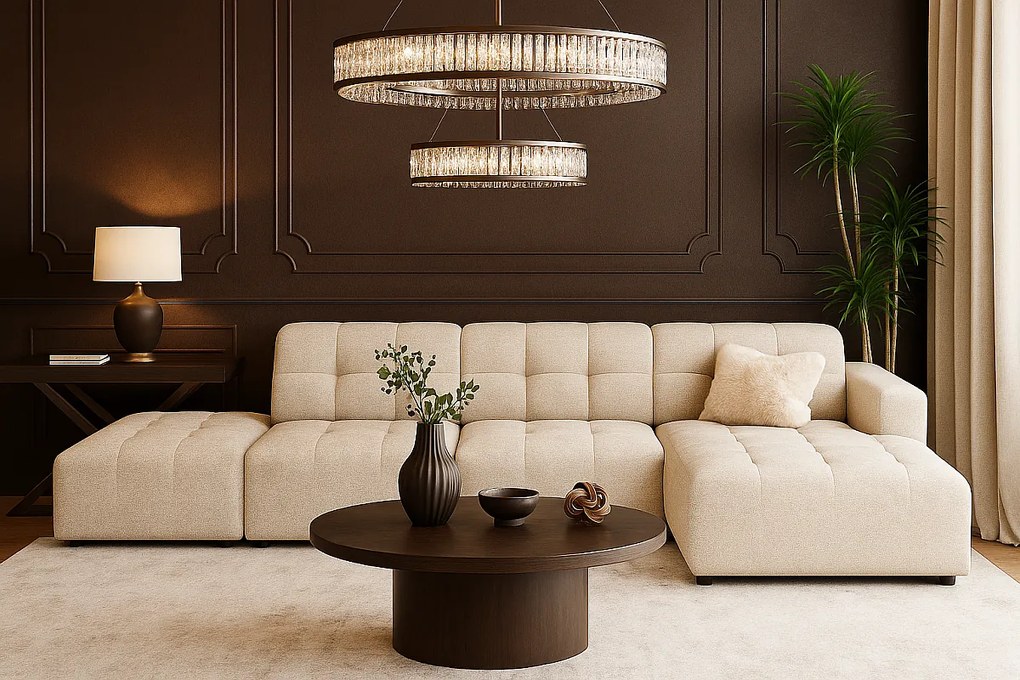 Narożnik z pufą prawostronny Bergamo B  – tkanina Raven  24 kremowa, 341×166×70 cm