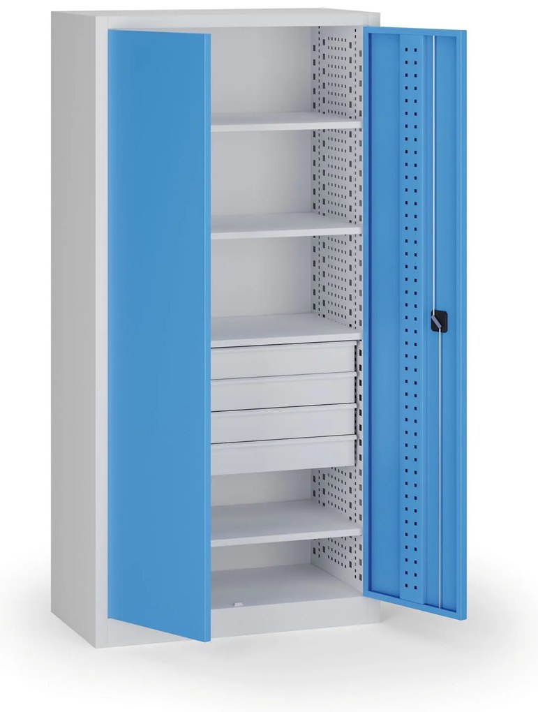 Szafa warsztatowa, 4 półki + 4 szuflady, 1950 × 950 × 500 mm, niebieskie drzwi