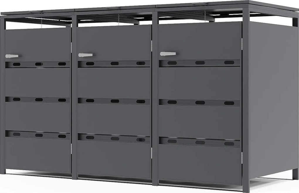 Osłona na śmietnik z ocynkowanej stali w kolorze antracytowym - 0,6 mm - 3 kosze po 240L - S200 x G80 x W116 cm - LOKAFA