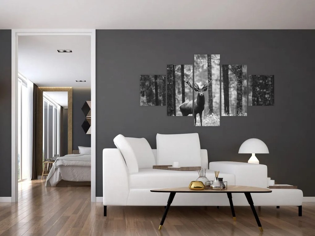 Obraz - Jeleń w lesie 2, czarno - biały (125x70 cm)