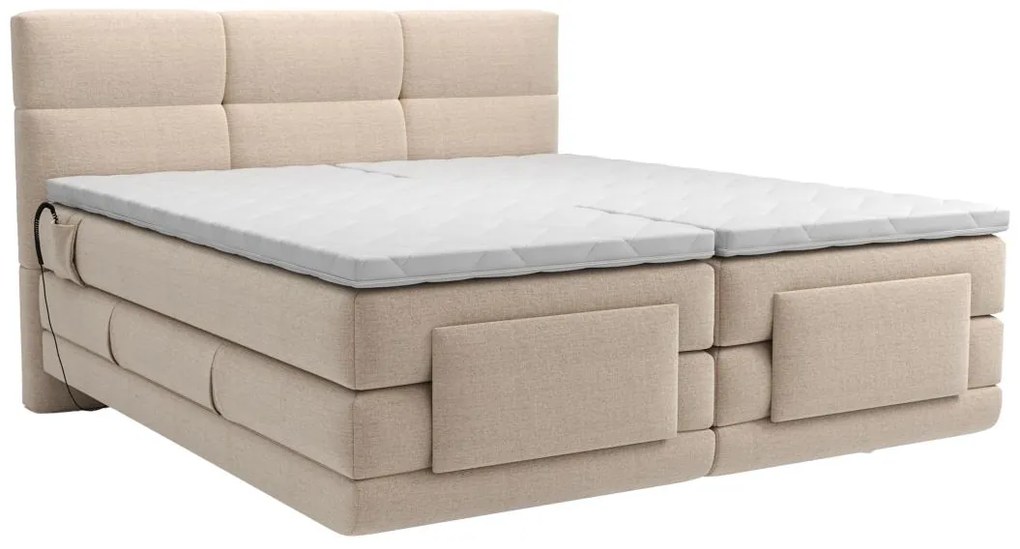 Zestaw boxspring pikowany zagłówek łóżka + stelaże z elektryczną funkcją relax + materac + nakładka na materac - 2 x 90 x 200 cm - beżowy - LODI PALACIO