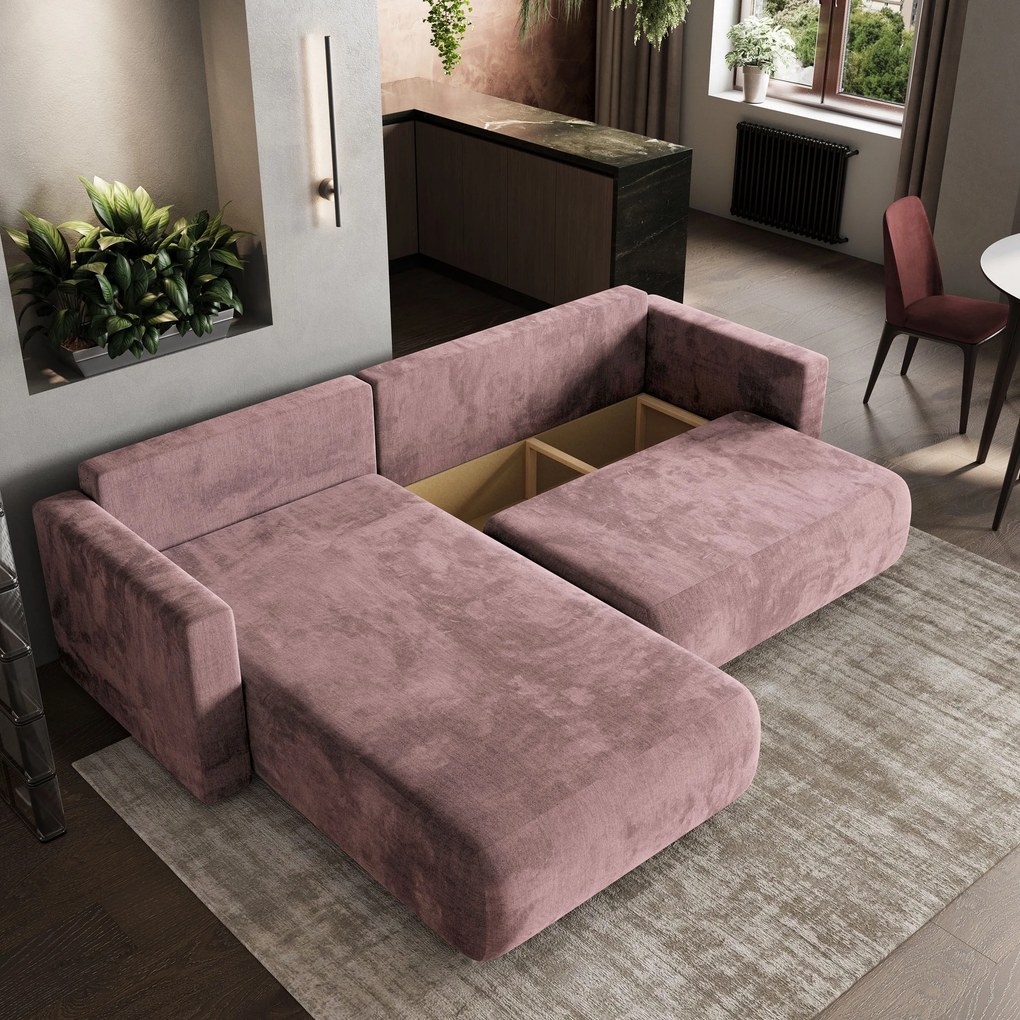 Masseno Narożnik TURIN z funkcją spania i pojemnikiem na pościel Narozniki L, Rozkładana sofa - Wrzosowy, MONOLITH 62