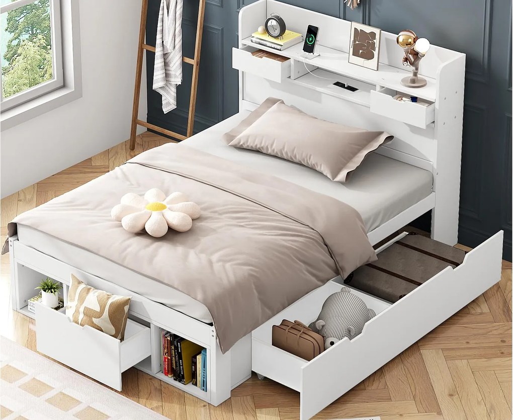 Łóżko dla dorosłych 90x190 cm - z portem ładowania i wielofunkcyjnymi przechowalniami - Biały​ (materac nie jest wliczony w cenę)