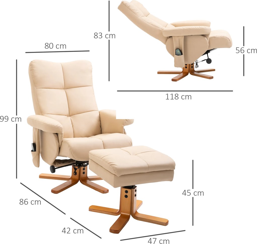 HOMCOM Fotel masujący z podnóżkiem nachylenie 145 stopni wygoda i relaks sztuczna skóra kremowy 80x86x99cm | Aosom PL