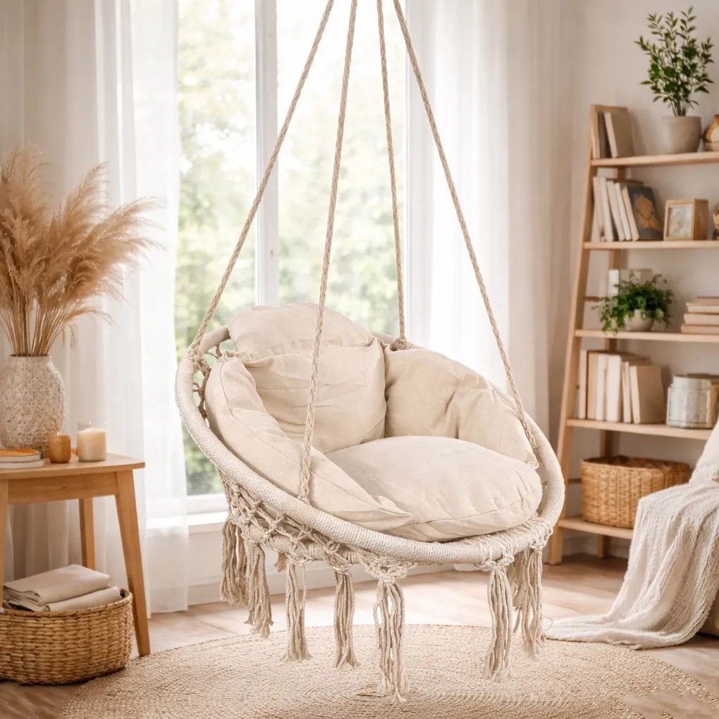 Fotel wiszący Nestio MAS-RHC-005, bocianie gniazdo do domu i ogrodu, kolor beżowy