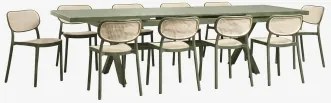Zestaw Stołu Prostokątnego 240-300x100 Cm Rozkładanego Z Aluminium Karena Oraz 10 Sztaplowanych Krzeseł Ogrodowych Z Polipropyle Intensywny Verde Oliv