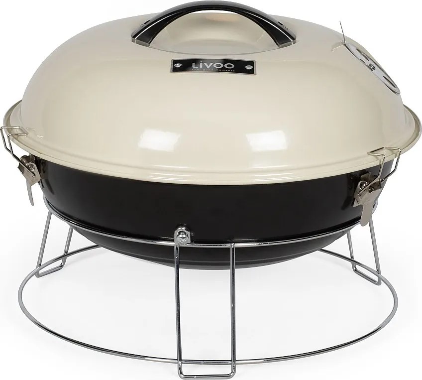 Przenośny grill węglowy Livoo DOC301 ø34 cm, stal emaliowana beżowa z wentylowaną pokrywą i uchwytem