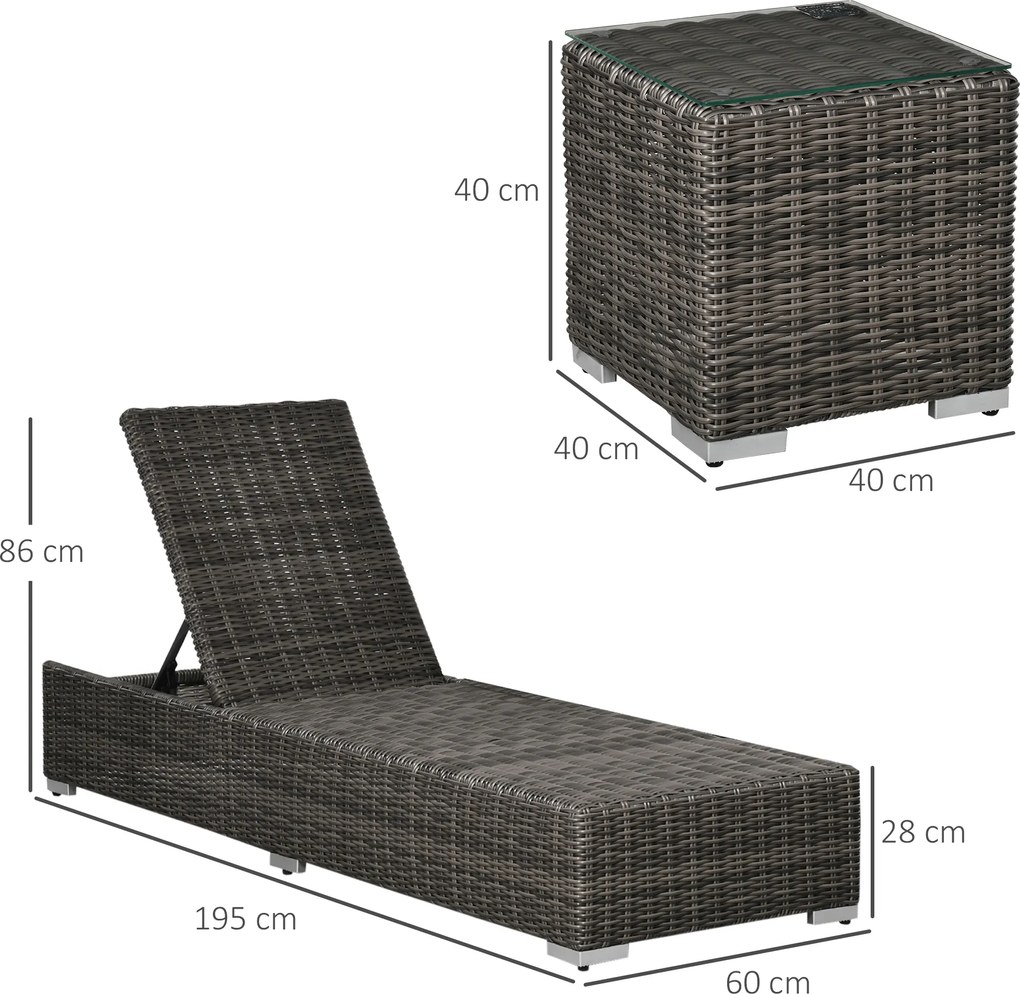 Outsunny polirattanowy leżak ogrodowy z bocznym stolikiem regulowanym aluminium