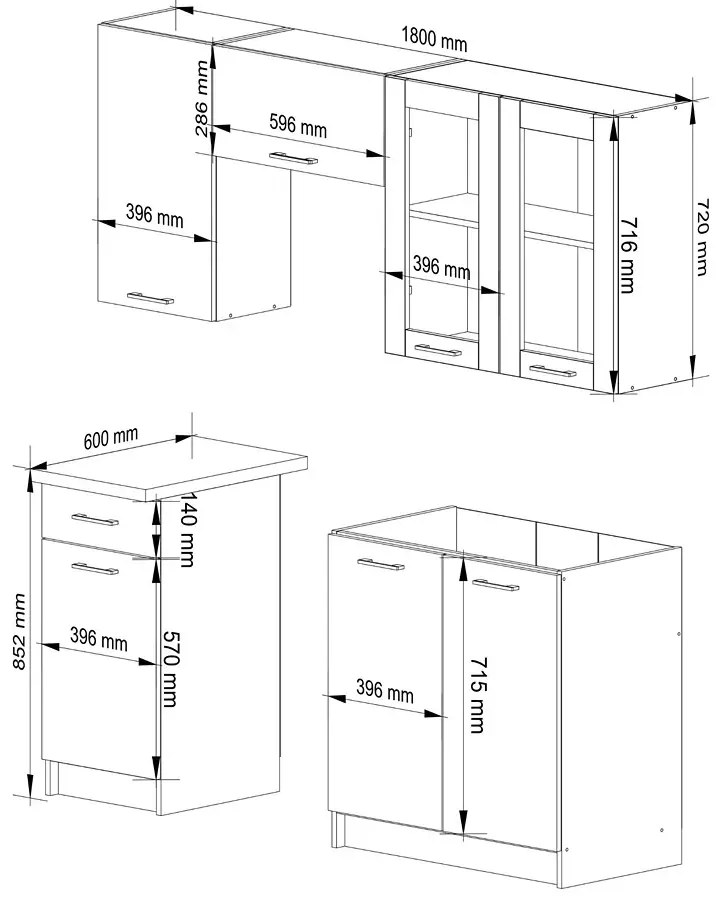Komplet mebli kuchennych  beton z witryną 180 cm L8-M09