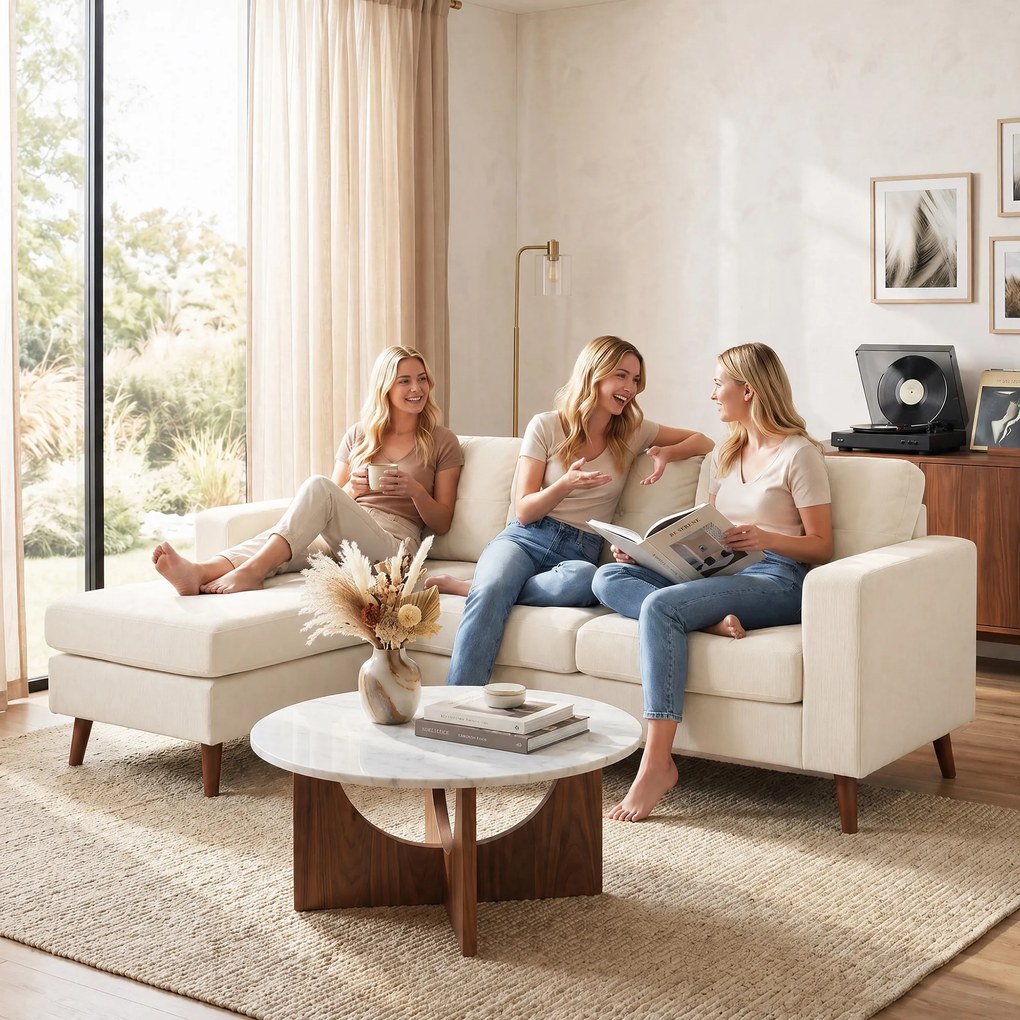 HOMCOM Narożnik 192 cm L-kształt 3-osobowa sofa z odwracalnym szezlongiem, wygląd sztruksu, do małych pomieszczeń, kremowo-biały | Aosom PL