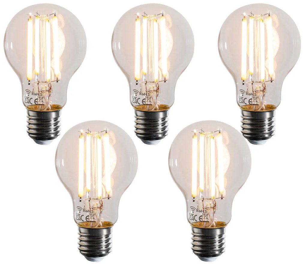 Zestaw 5 inteligentnych żarówek LED E27 ściemnialnych w Kelvinach A60 przezroczystych 7W 806 lm 1800-3000K